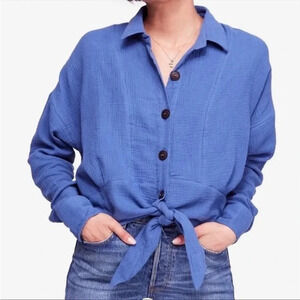 NWT Free People Sunstreaks Tie Hem Cotton Button Down Collar Blue Shirt Size XS